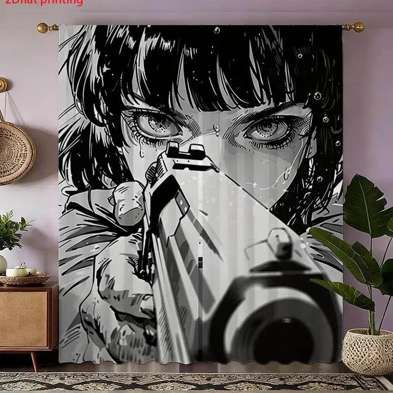 Pair Printed Pop Art Graphic Comic Black White Woman Face Curtain 2pcs Modern Living Room Bedroom Window Decor Curtain Panel