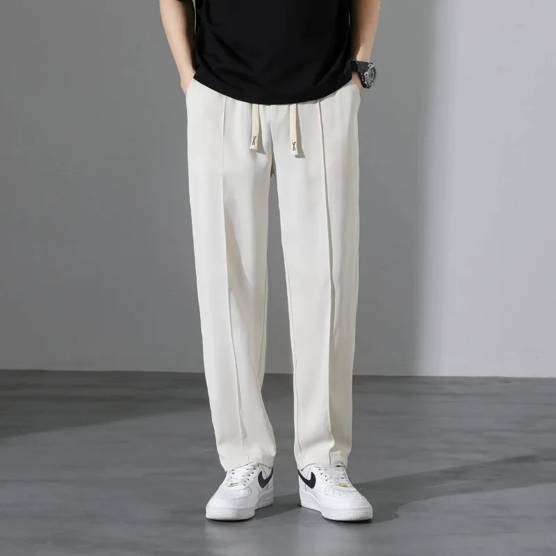 Men's Spring Autumn Drawstring Solid Elastic High Waist Pockets Casual Loose Suit Pants Small Feet Fashion Trousers Pants