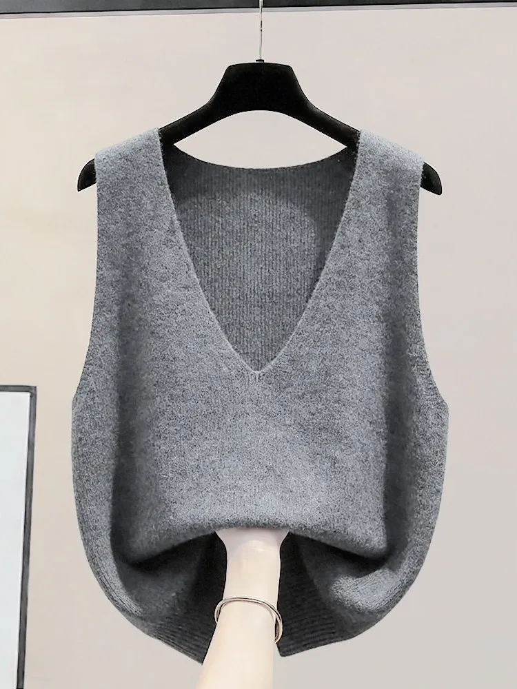 

Вязаный жилет из чистой шерсти с глубоким V-образным вырезом для женщин, осенне-зимний, для многослойных образов, модный, для повседневной носки, без пуговиц