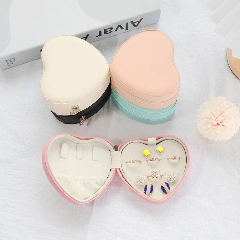 Mini Heart-Shaped Jewelry Box Pu Leather Earrings Ring Storage Box Simple Solid Color Necklace Jewelry Organizer Travel Portable