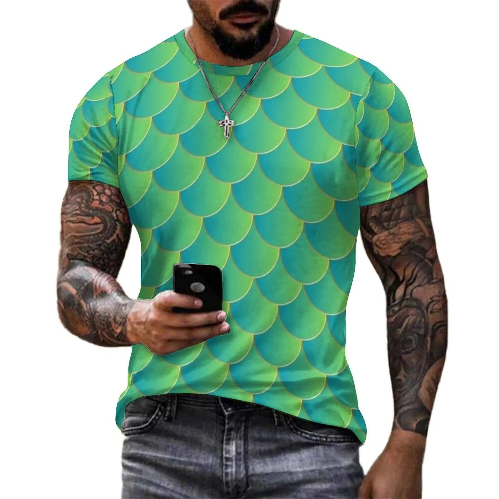 Green Gradient Mermaid Scale T Shirt  Vintage T Shirts Men Street Style Tshirt Summer Short Sleeves Printed Clothing Plus Size 4