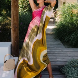Sexy Backless Pleat Holiday Long Dress 2024 Fashion Pattern Print Loose Party Dress Women Elegant Diagonal Shoulder Beach Dress
