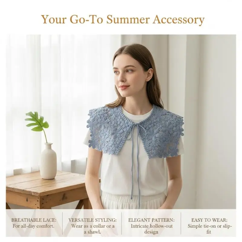 Spitzen-Falsch-Kragen, hohler Häkel-Strickschal, Damen-Schultertuch, Dekor-Schal, Oberbekleidung, Kleid, Lätzchen, Trendiges Outfit-Accessoire – Detail 1