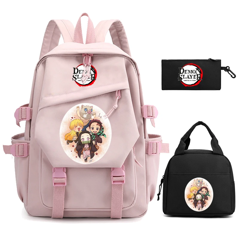 3Pcs/set Ainme Demon Slayer Backpack Student Teenager Lunch Bags Girl School Women Rucksack Travel Backpack Mochila Escolar