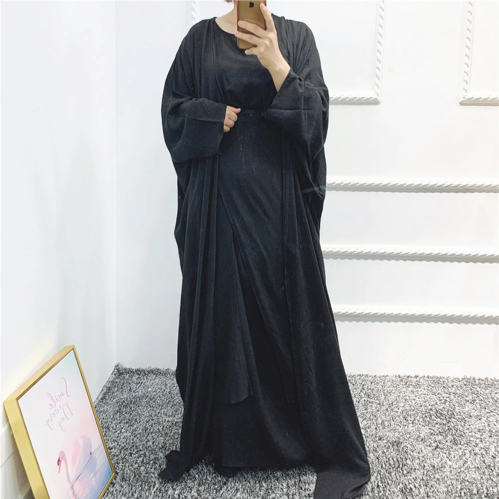 Imagem -03 - Kimono Abaya Aberto para Mulheres Muçulmanas Conjunto de Correspondência Vestido Maxi Saia Envoltório Roupa Islâmica Ramadã Dubai Robe Turquia Kaftan Caftan Eid