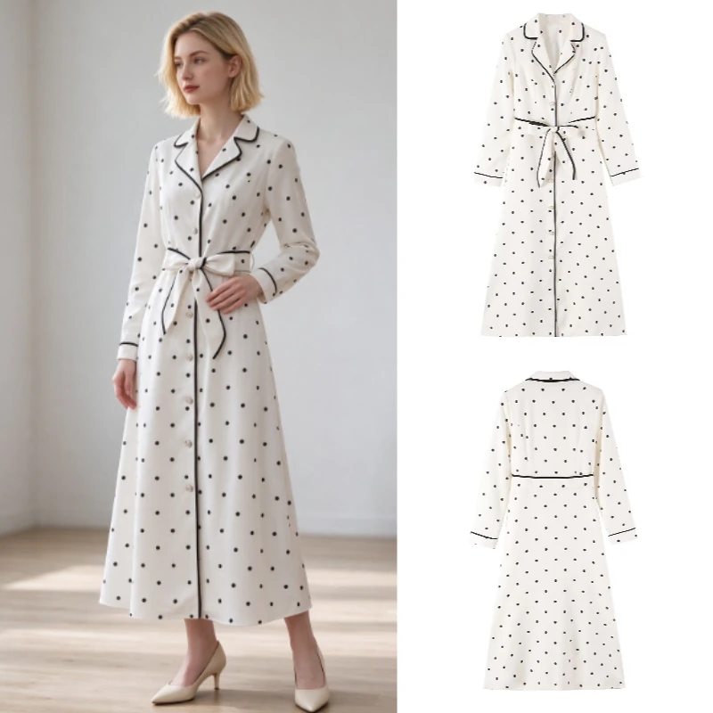 Women's Jacket 2026 Fall New Pajama-Style Long-Sleeve Loose Coat with Belt Bow Tie Polka Dots Elegant and Unique Jacket