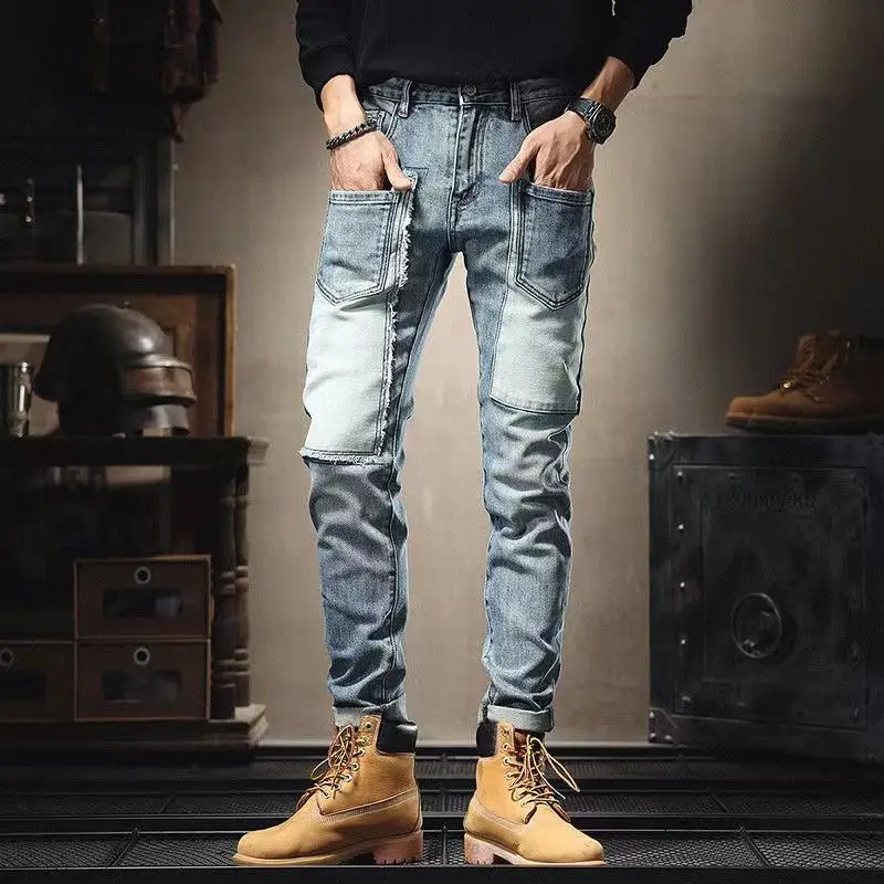 Trendy 2025 Brand Sticker Handsome Jeans Men's Designer Multi-pocket Trend Slim-fitting Pants Patchwork Patch Elastic Trousers