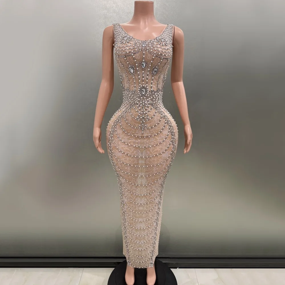 Sexy See-Through Back Slit Printing Luxury Rhinestones Pearls Sheath Dress Evening Party Performance Costume Singer Stage Wear