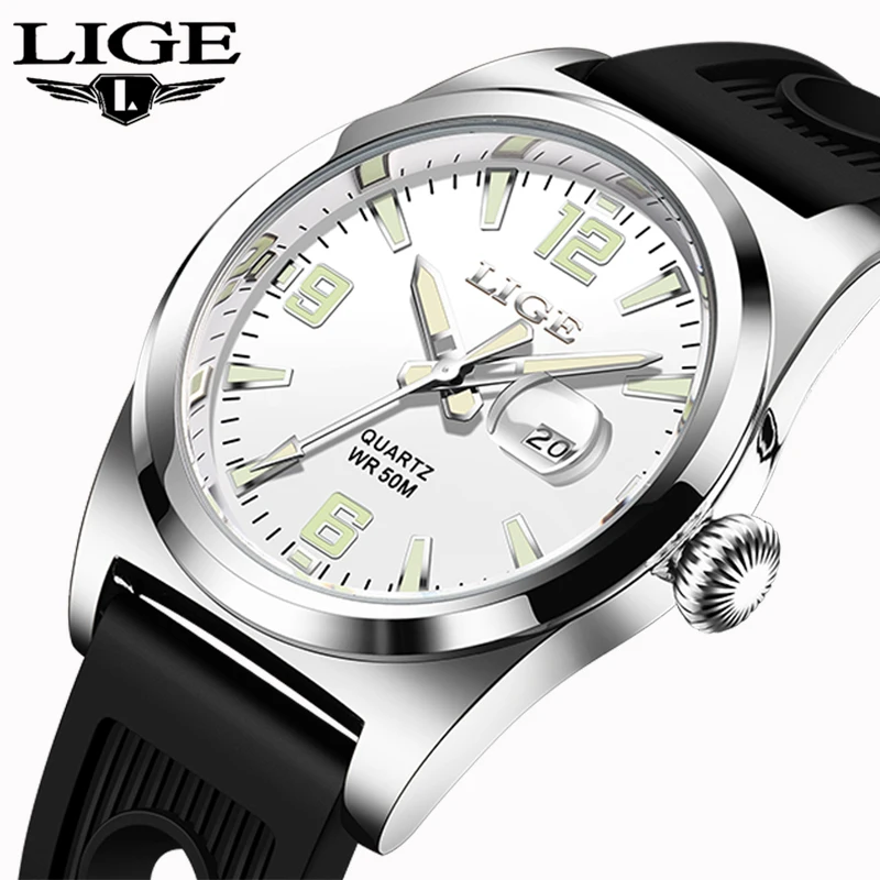 LIGE 2026 Men's Watch Brand Original Quartz clock Waterproof Silicone Band Calendar Simple Fashion Daily Wear Watches reloj+BOX
