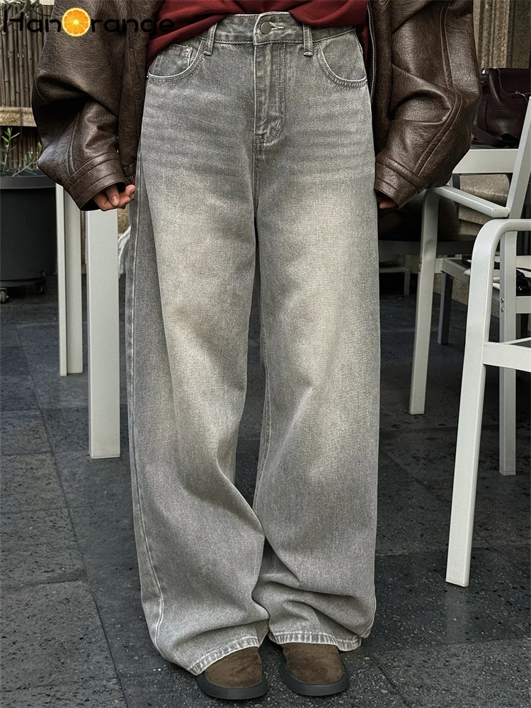 

HanOrange 2026, ранняя весна, простые модные винтажные многослойные потертые джинсы, женские свободные джинсовые брюки, серые/синие