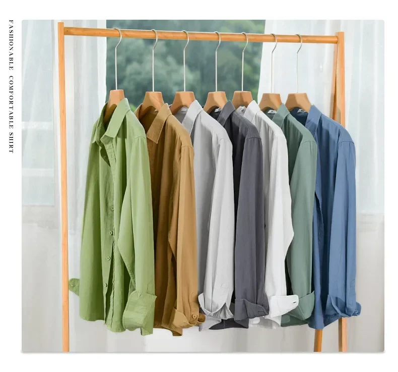 

Мужская рубашка с длинным рукавом из 100% хлопка, весна-лето, повседневная повседневная базовая рубашка, зеленая рубашка в корейском стиле, удобный топ, простые мужские рубашки