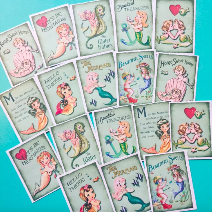 Pegatinas de sirena de estilo Vintage, 18 piezas, bonitas pegatinas de planificador hechas a mano, paquete de pegatinas de sirena Kawaii