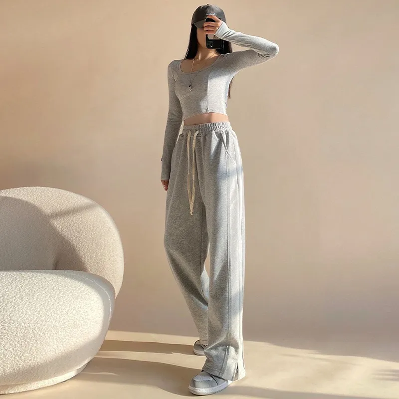 

Candy Color Women Sweatpants Spring Solid Split Wide Leg Pants Casual High Waist Straight Sport Trousers Full Length Female P027