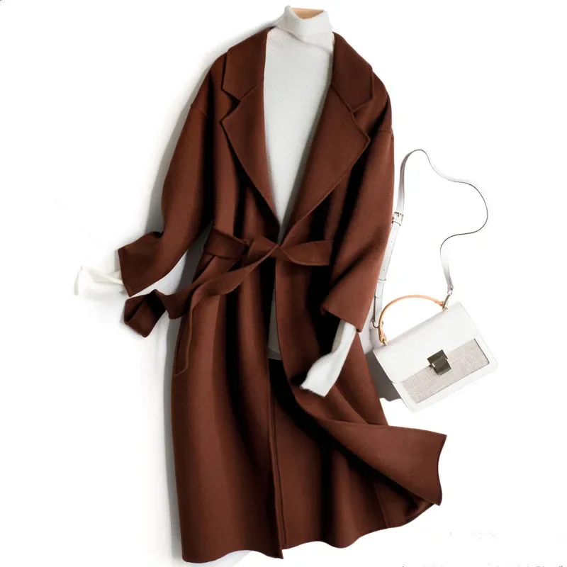 

2025 Autumn Winter Thick Belt Slim Double-Sided Wool Coat Women Long Overcoat 6 Color Elegant Office Lady Woolen Jacket Female