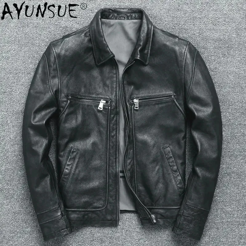 AYUNSUE Genuine Leather Jacket Men Autumn Real Cow Mens Jackets Vintage Short Coat Chaqueta Cuero SGG