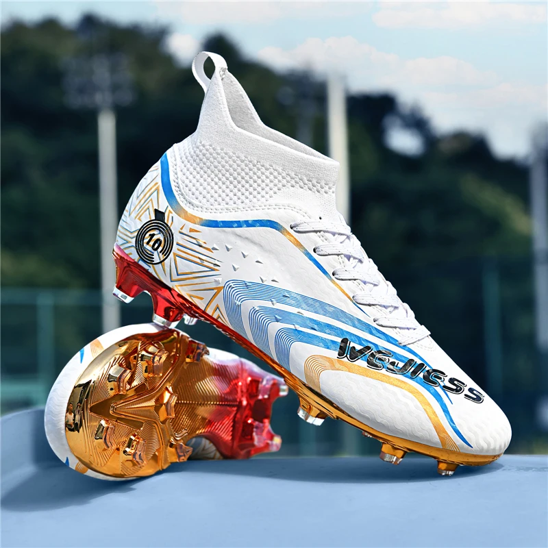 A pair of youth high-top FG soccer cleats, metallic gradient print sock collar boots for natural grass match WJH-909