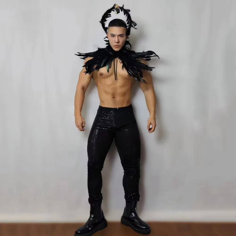 고딕 스타일 할로윈 파티 역할 놀이 의상 검은 깃털 망토와 스팽글 타이트 팬츠 세트 무대 공연 레이브 의상