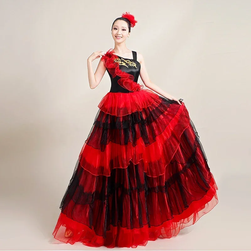 Abito Flamenco Spagnolo Taglie Forti, Vestito per Danza del Ventre, Splendido Costume da Palcoscenico per Esibizioni di Gruppo, Abbigliamento Gitano
