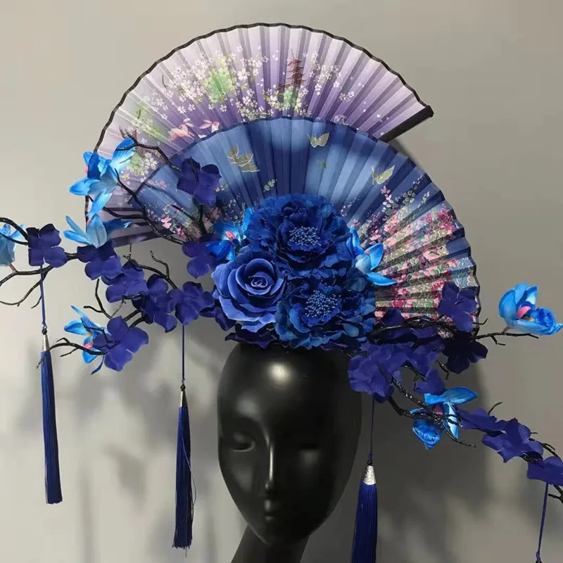Chinese Style Cheongsam Stage Models Fashion Shows Makeup Creative Styling Photography Studio Personalized Tassel Fan Headwear