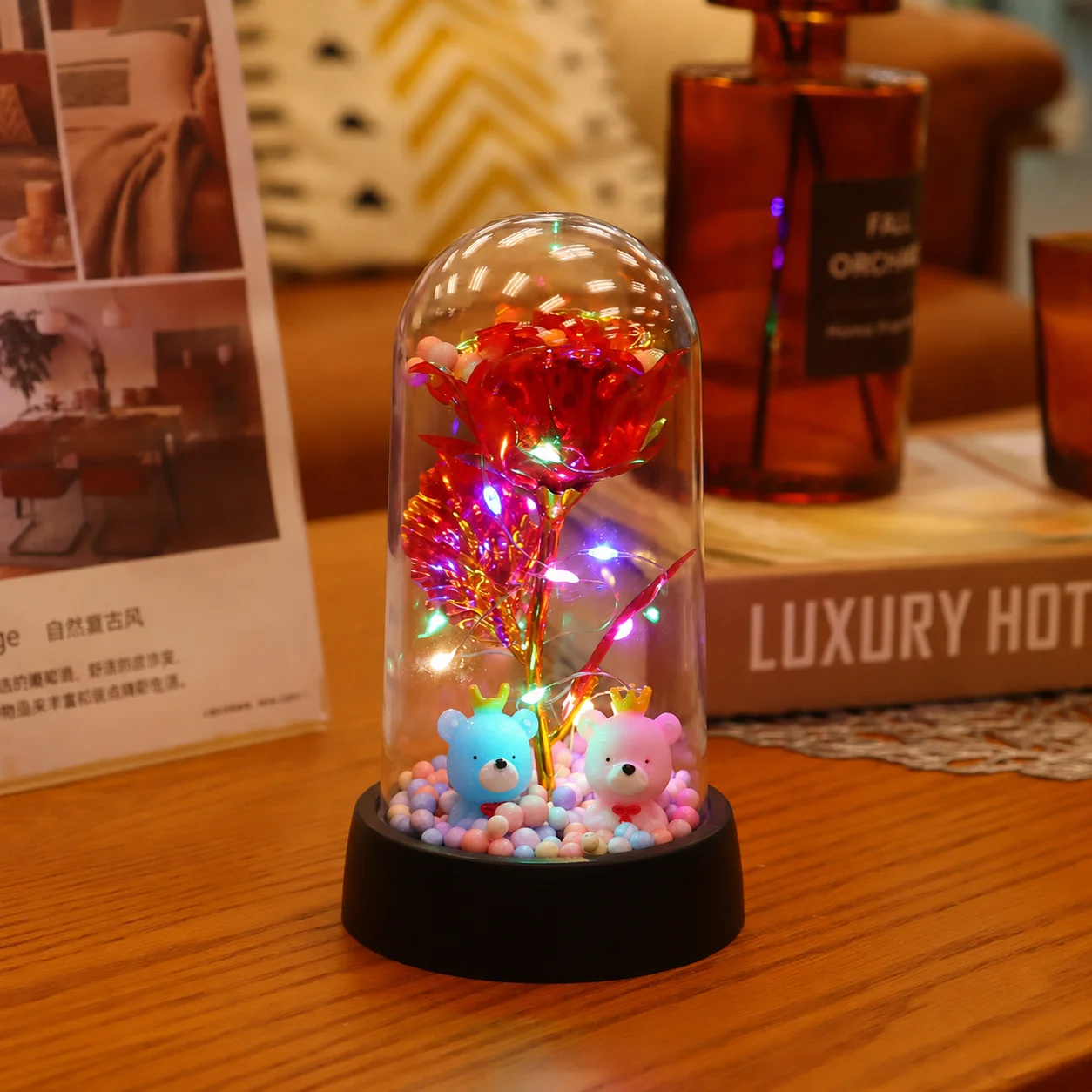 Führte Valentinstag Geschenk für Freundin ewige Rose Licht 24 Karat Goldfolie Blume in Glas abdeckung Muttertag Hochzeit Brautjungfer Geschenk