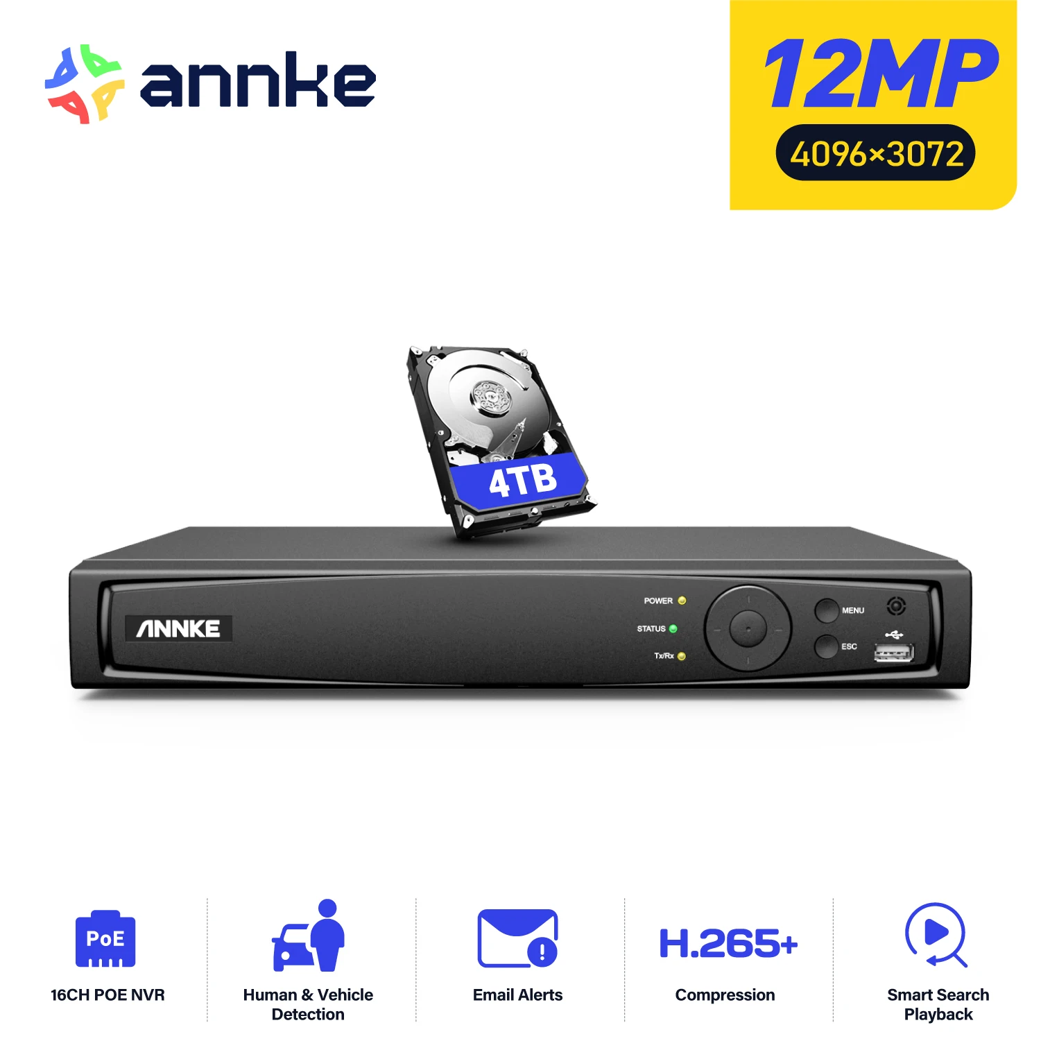 ANNKE 12MP POE NVR Network Video Recorder 4/8/16CH  NVR For POE Camera P2P Cloud Function Supports up to 16 x 4K IP Cameras