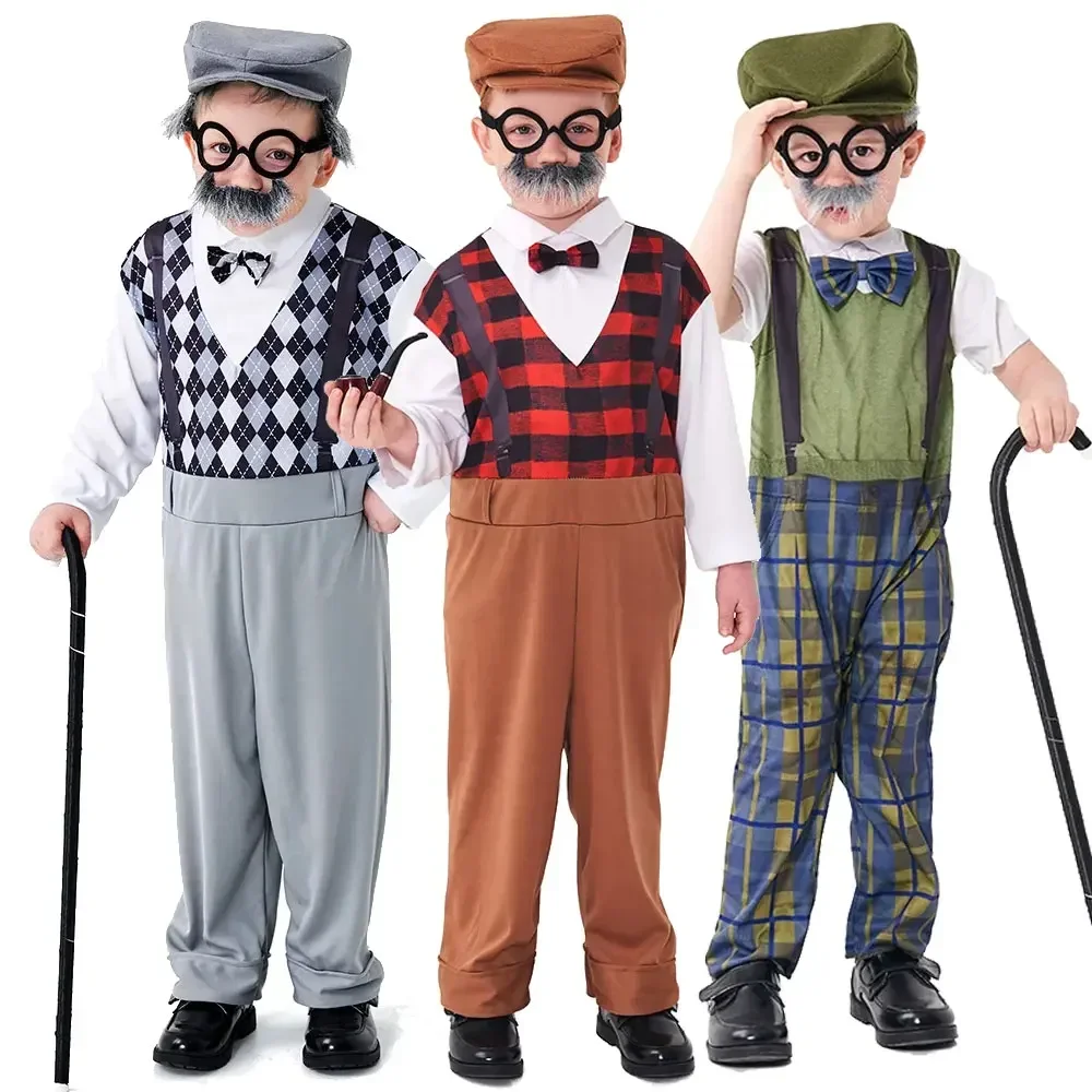 

Halloween Boy Plaid Jumpsuit With Hat Glasses Suit Beard Centenarian Cosplay Costume Kids Children Day Show Grandpa Costume