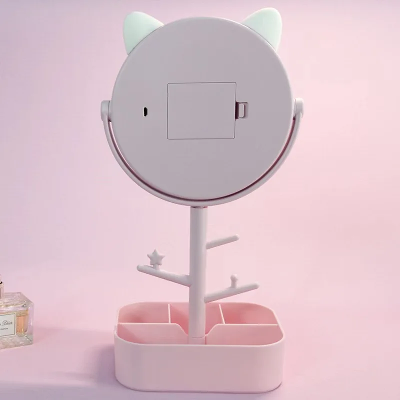 Espejo de maquillaje LED con orejas, lámpara de luz con almacenamiento, espejo cosmético giratorio de escritorio, luz ajustable con atenuación, espejo de tocador USB