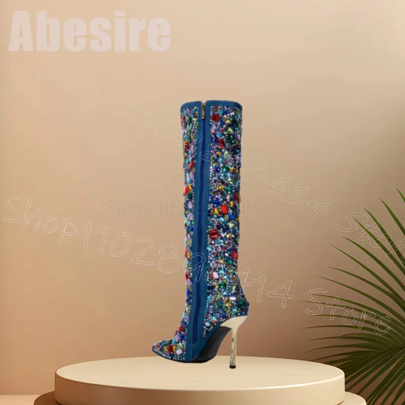 Kolorowe Kryształowe Botki z Ozdobnym Szpiczastym Noskiem, Zapinane na Zamek z Boku, Damskie Cienkie Szpilki na Imprezę Bankietową 2025 Zapatos Para Mujere