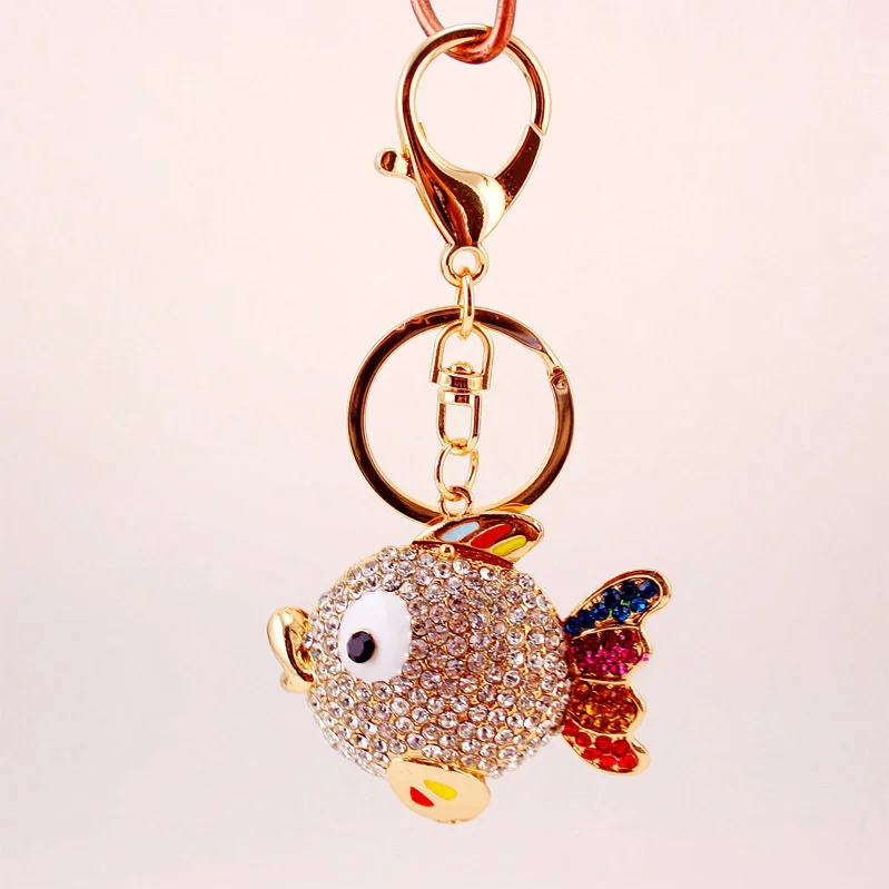 Dalaful Colorful Crystal Tail Fish Goldfish Keychains HandBag llaveros Keyrings Key Chains Purse Bag Pendant For Car Women K252