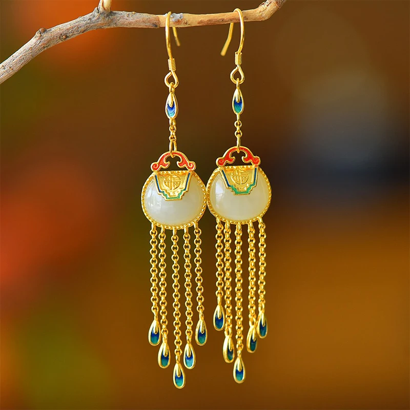 

S925 Sterling Silver Hetian Jade Earrings, Chinese Ruyi Tassel Drops, Auspicious Blessing Jewelry