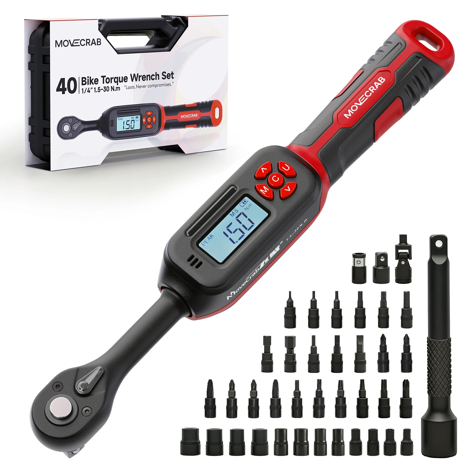 

MoveCrab Digital Torque Wrench 1/4"Drive1.5-30Nm/1-22Ft lb with 40PCS Sockets Set LED Display Audible Alert for Bike Motorcycle