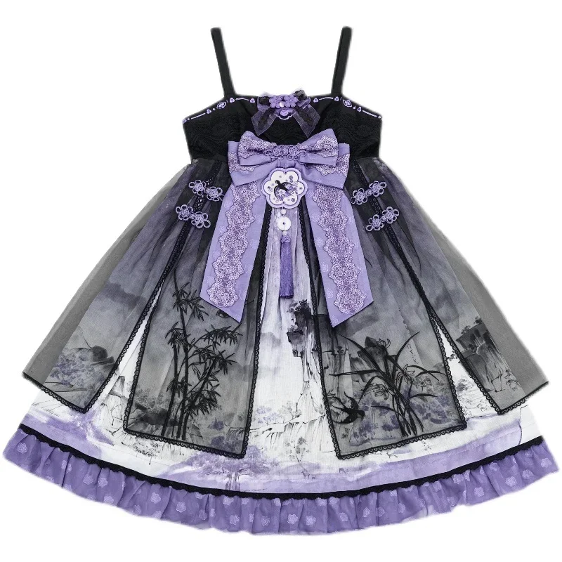 فستان لوليتا القوطي الصيني للنساء ، كاواي بفيونكة دانتيل ، فستان الأميرة الأزرق ، كم طويل ، زي الهالوين ، هدية للفتيات