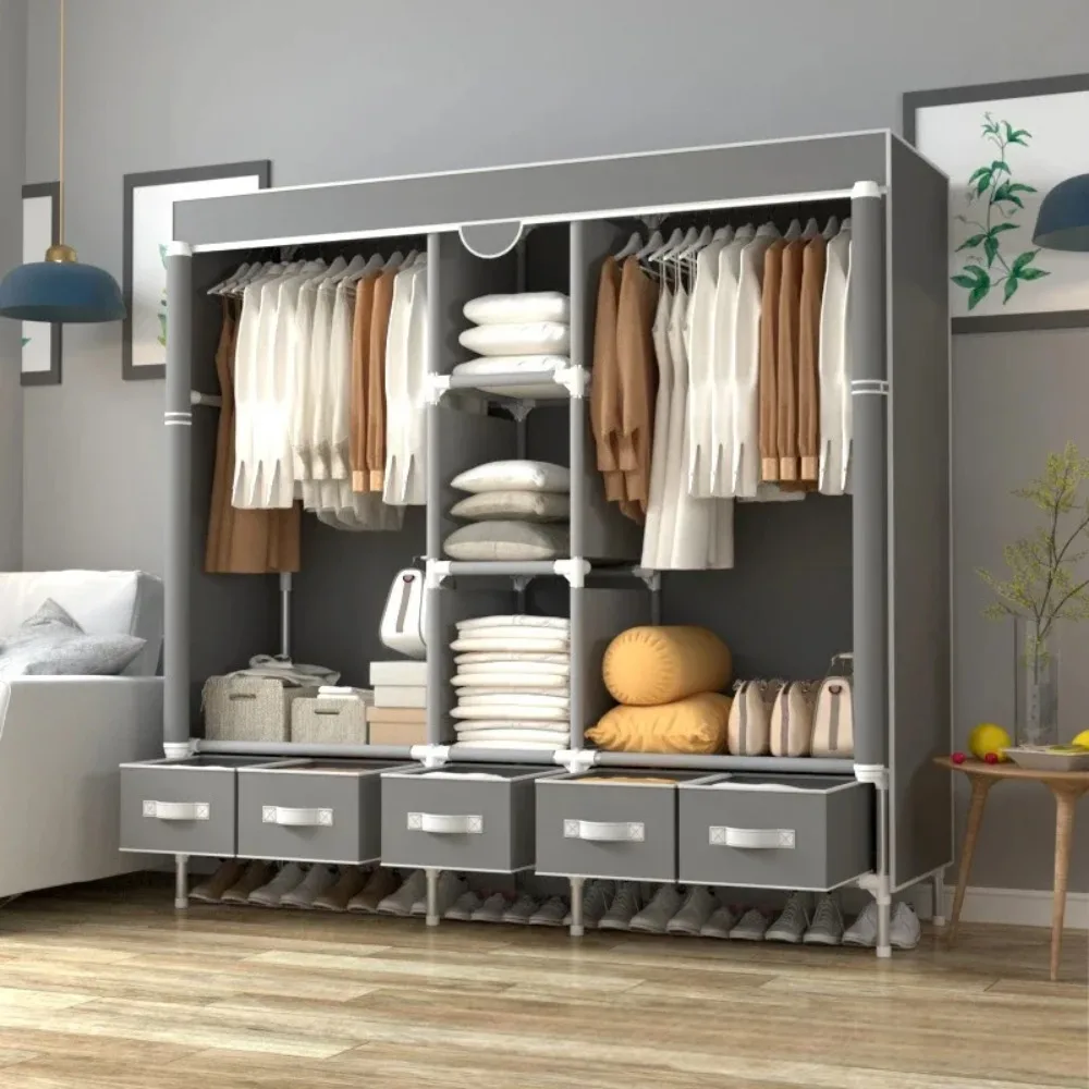 closet, large moisture-proof and dustproof cloth wardrobe, reinforced and thickened 19mm steel pipe, 185cm, with 5 storage boxes