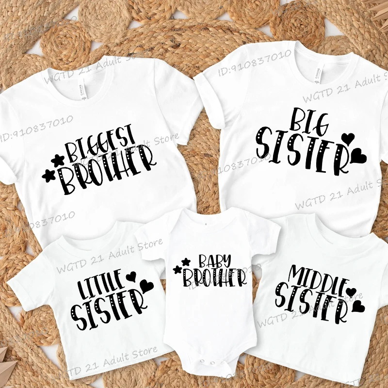 Baby Girls Boys Clothing Sibling Black White T-shirt Brother Sister Baby 5 Piece Clothing Set Sibling Heart Design Tshirt 2025