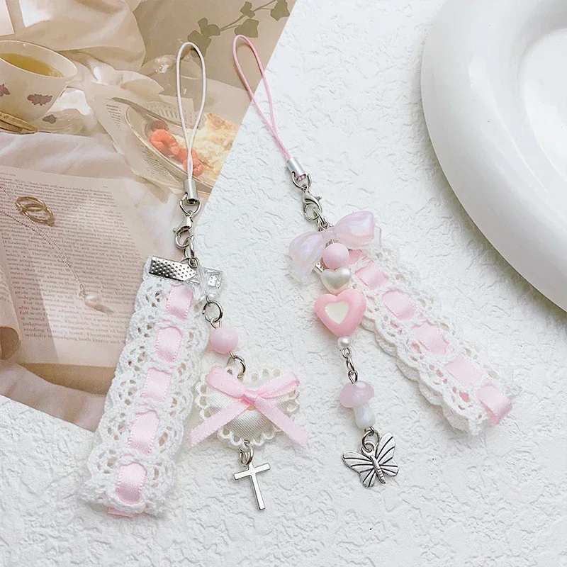 Sweet Lace Ribbon Keychain Cute Bow Heart Pendant Keyring Phone Charm Lanyard Bag Earphone Case Pendant Decoration Accessories