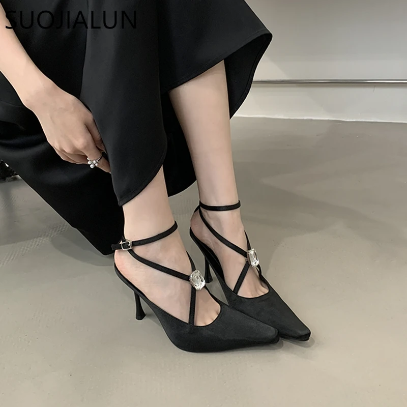 SUOJIALUN 2025, Neue Marke Frauen Sandale Mode Großen Kristall Damen Elegante Slingback Schuhe Thin High Heel Spitz Kleid Pumpen