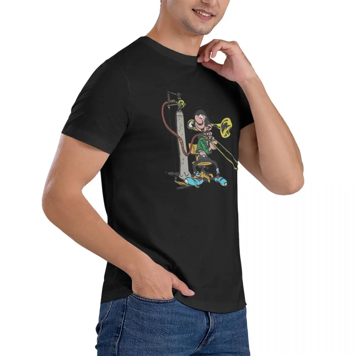 Men Gaston Goof Making Music T Shirts Gaston Lagaffe Cotton Tops Creative Short Sleeve Round Neck Tee Shirt Printing T-Shirt