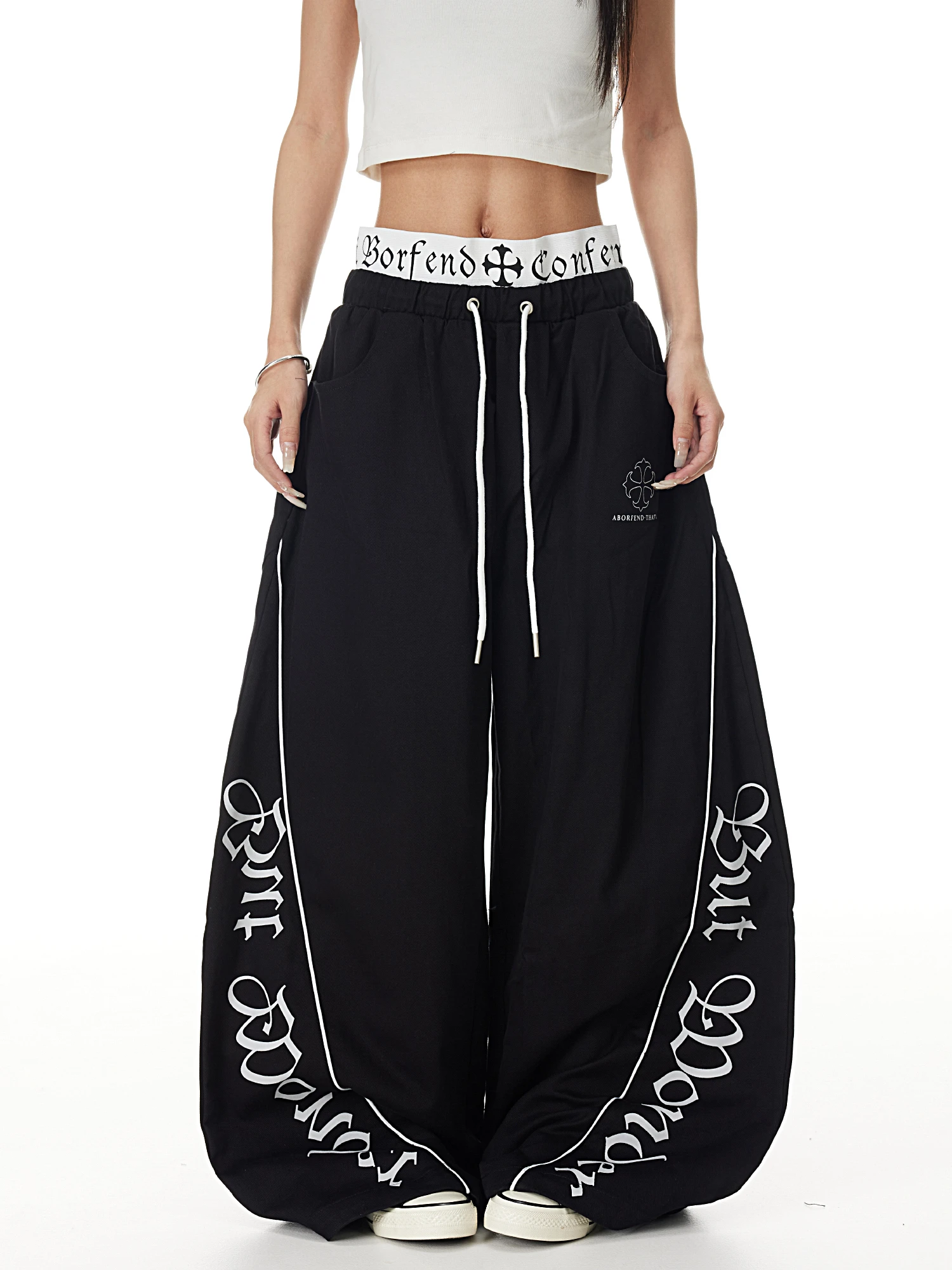 Women's Gothic Printed Baggy Pants Streetwear Y2K Fashion Black Wide Leg Trousers Loose Casual Hip Hop Dance Pants