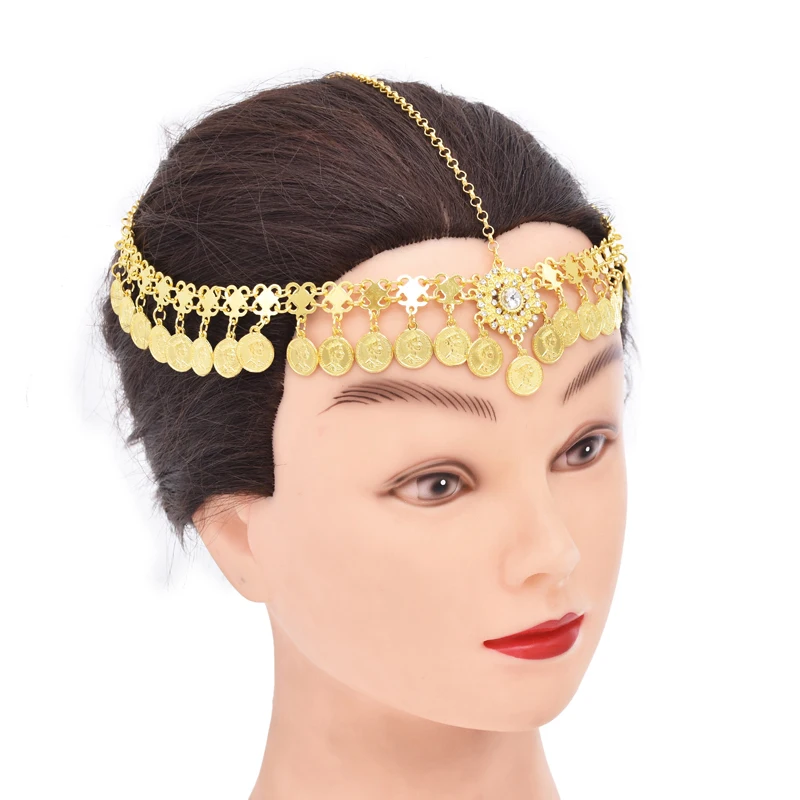 Golden Women Hair Jewelry Charms Pendant Coin Tassel Rhinestones Chains Headband Statement Arab Ethnic Hair Jewelry Female