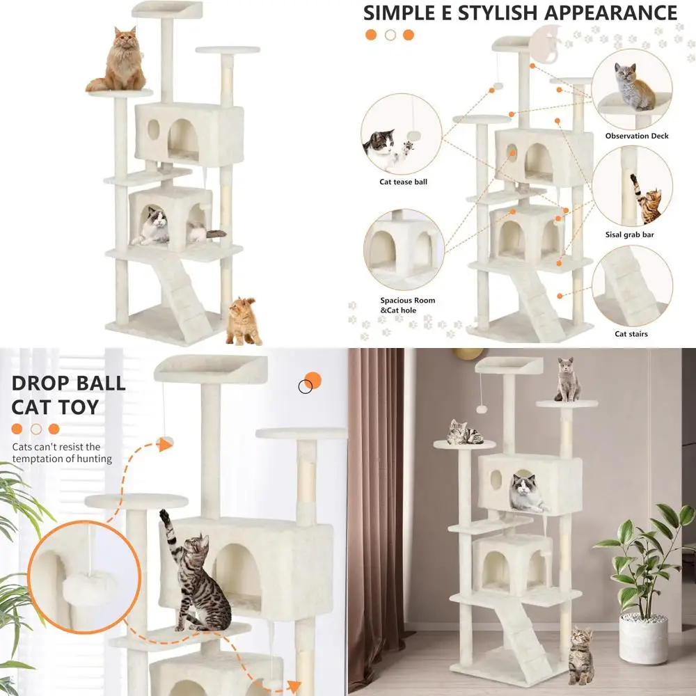 

Multi-Level Cat Tree Tower in Beige - Sturdy, Easy Assembly, Activity Center with Sisal Posts, Condos for Feline Fun