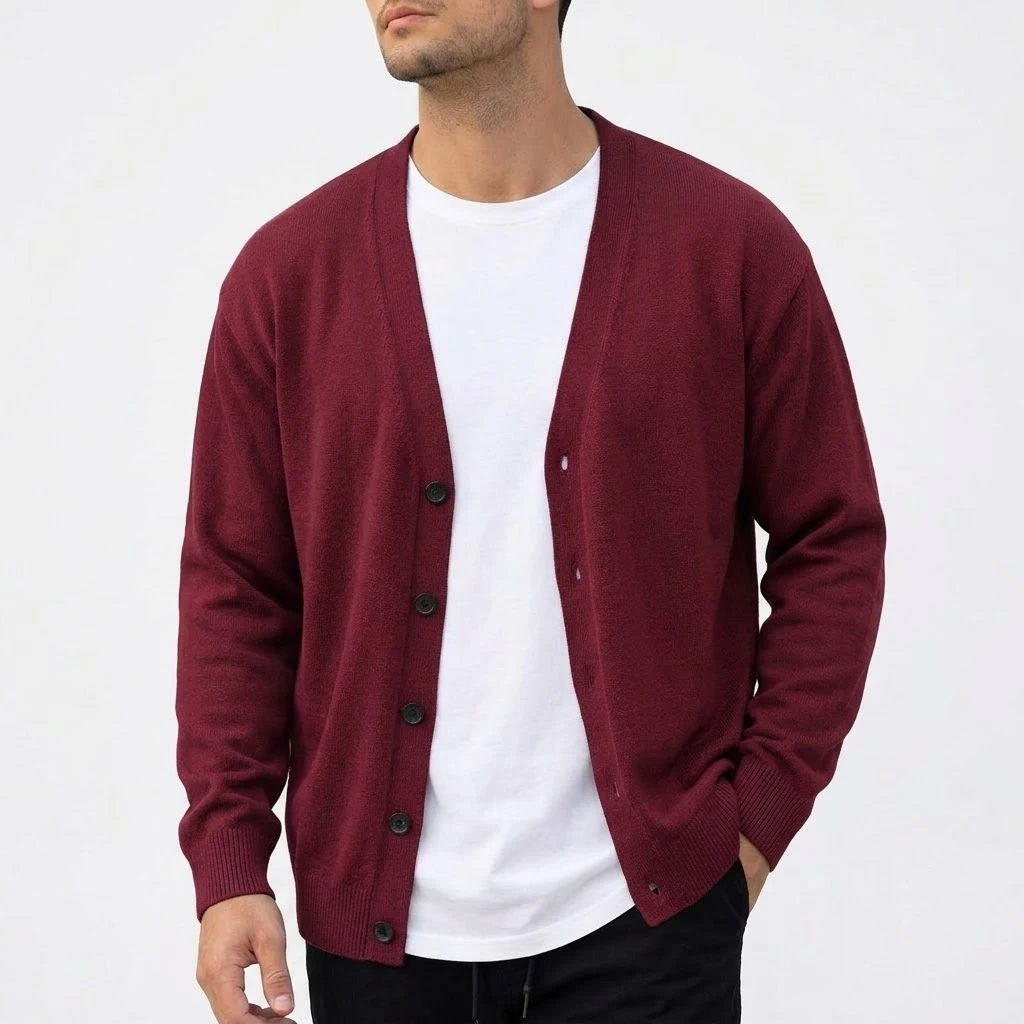 Outdoor-Herren-Strickjacke mit V-Ausschnitt, langen Ärmeln, einfarbig, lässige Sportbekleidung, geknöpfter Strickmantel. – Detail 11