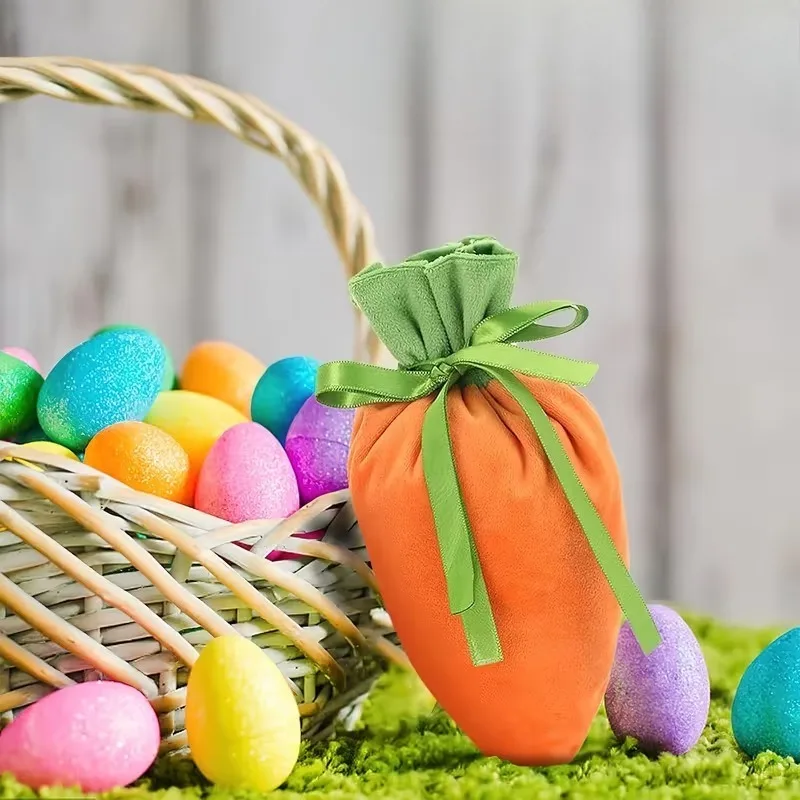1-30PCS 2026 Easter Carrot Velvet DrawstringGift Bags with Bunny Ears Orange and GreenDesign for Spring Party FavorsCandyStorage