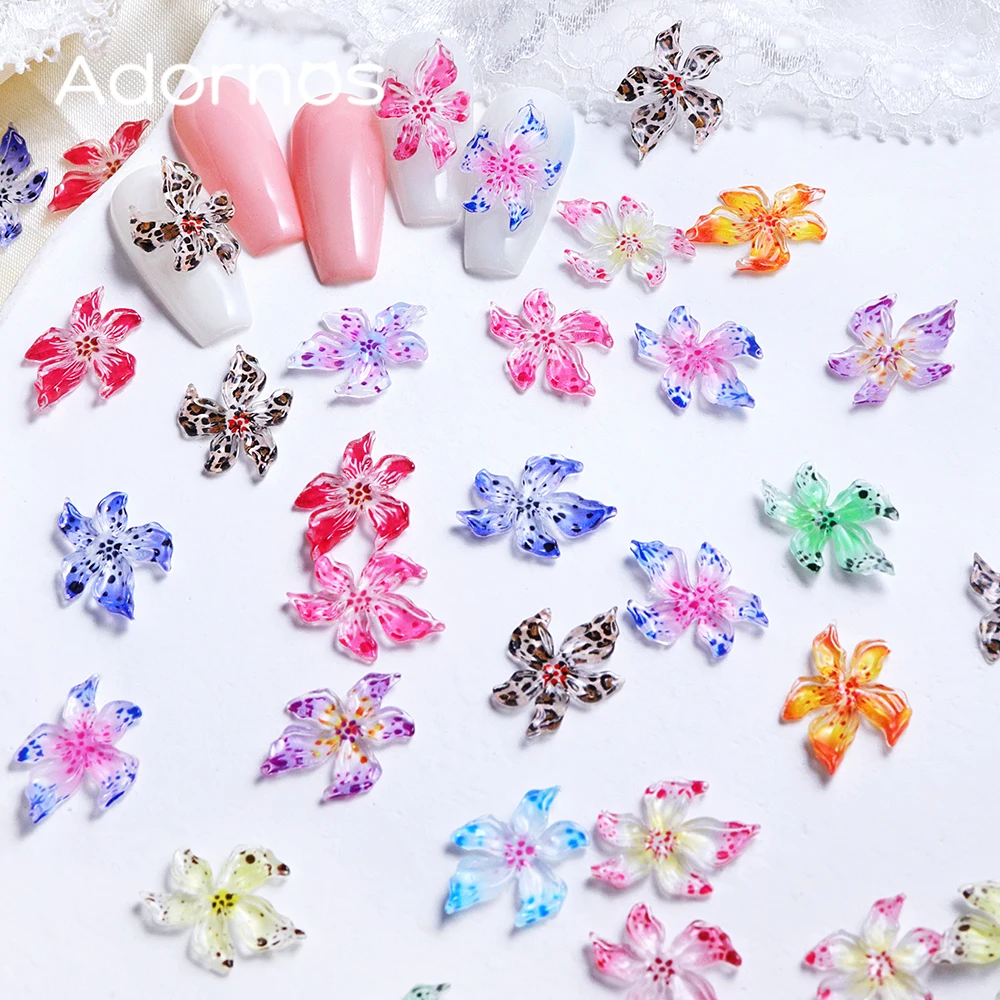 50 pcs/bag Kawaii 3D Flower Nail Charms Mixed Colors Soft-carved Crystals Lily Flower Rhinestones Luxury Manicure DIY Decoration