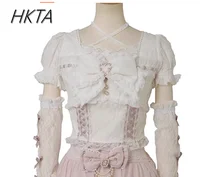 Camiseta japonesa dulce industria pesada con empalme de manga y lazo de encaje, camiseta de manga larga ajustada elástica para verano y otoño