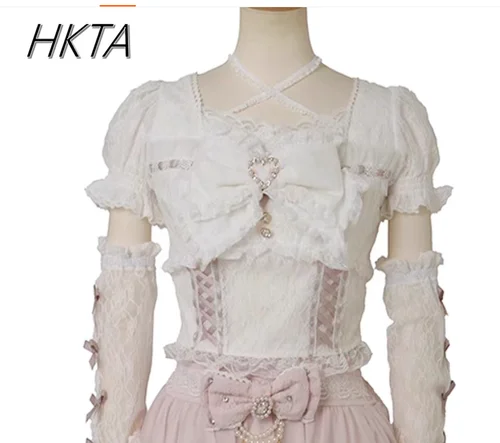 Camiseta japonesa dulce industria pesada con empalme de manga y lazo de encaje, camiseta de manga larga ajustada elástica para verano y otoño