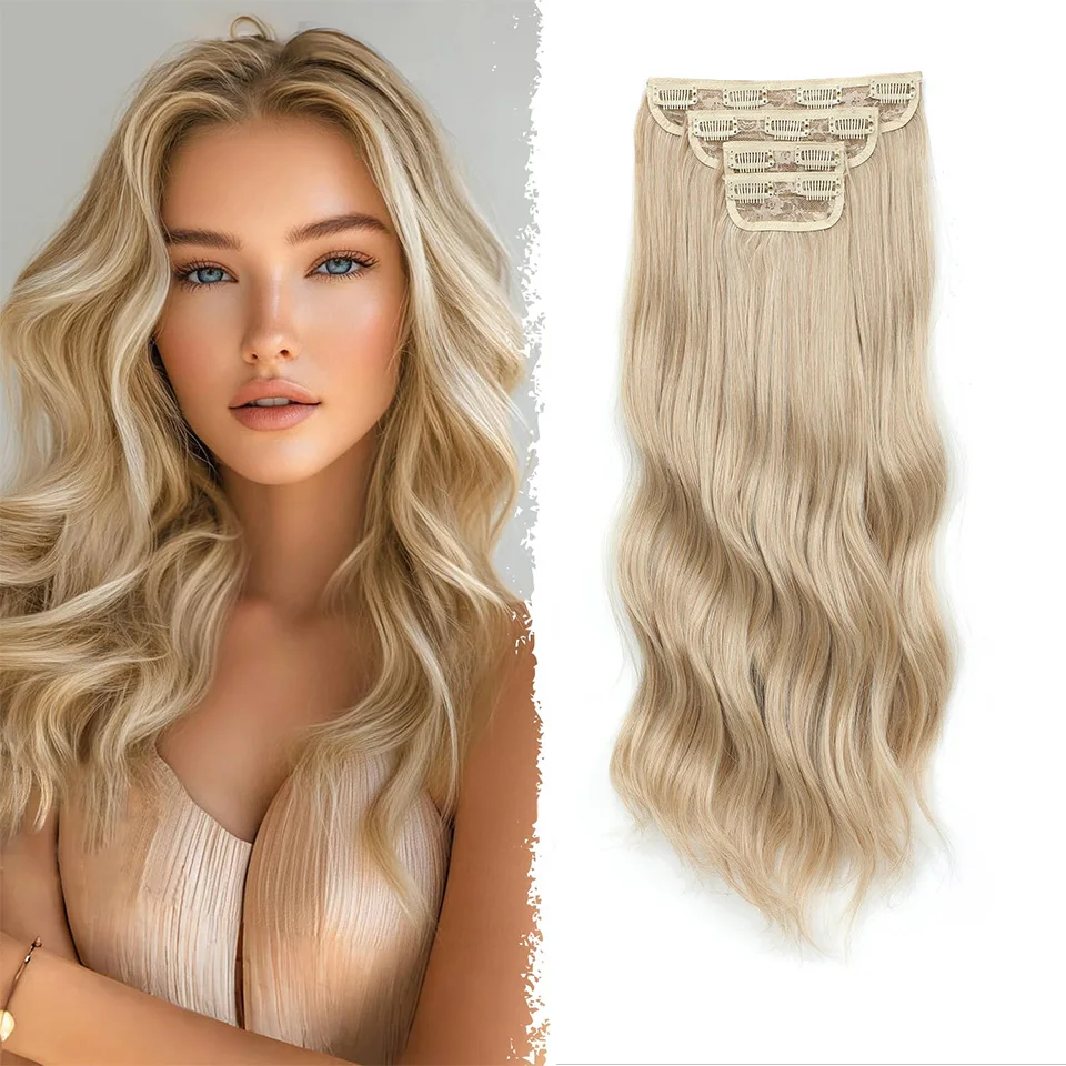 

22 Inch Body Wave Clip Ins Synthetic Hair Extensions High Temperature Fiber Extension Blonde 11 Clip Ins Daily Use Hair Pieces