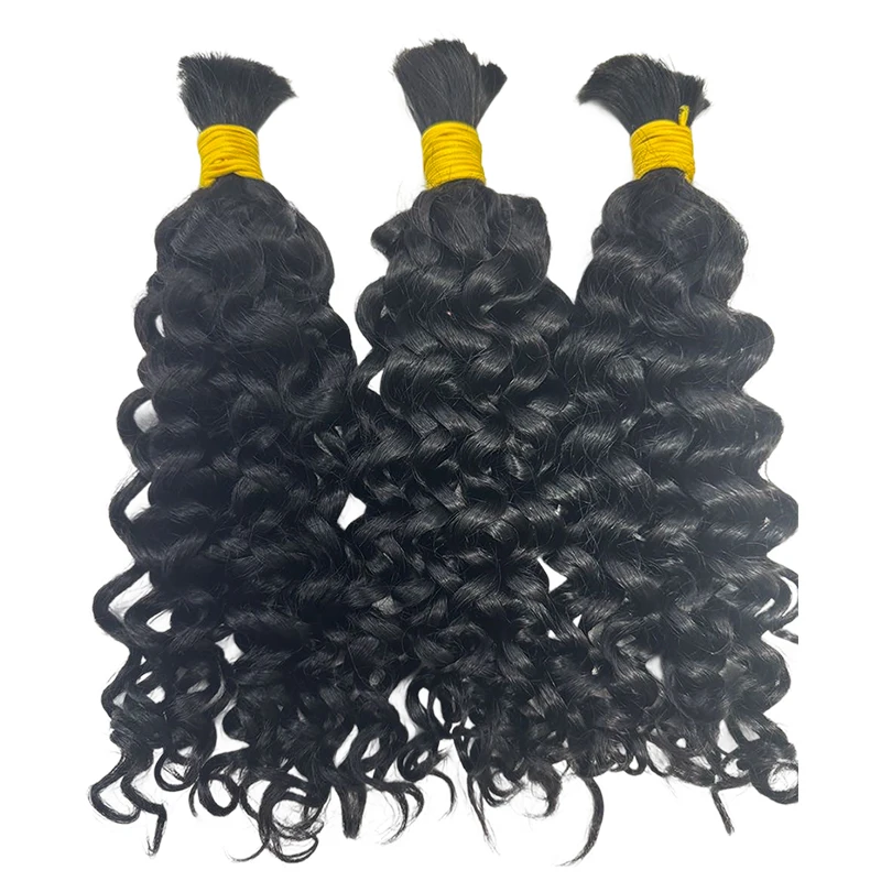 Curly Bulk Human Hair for Women 100% Unprocessed Virgin Remy Hair Extension Water Wave Human Braiding Hair for Boho Braids 16-24 Inch Curly Wave Bulk Bundles Natural Color 100g/pc