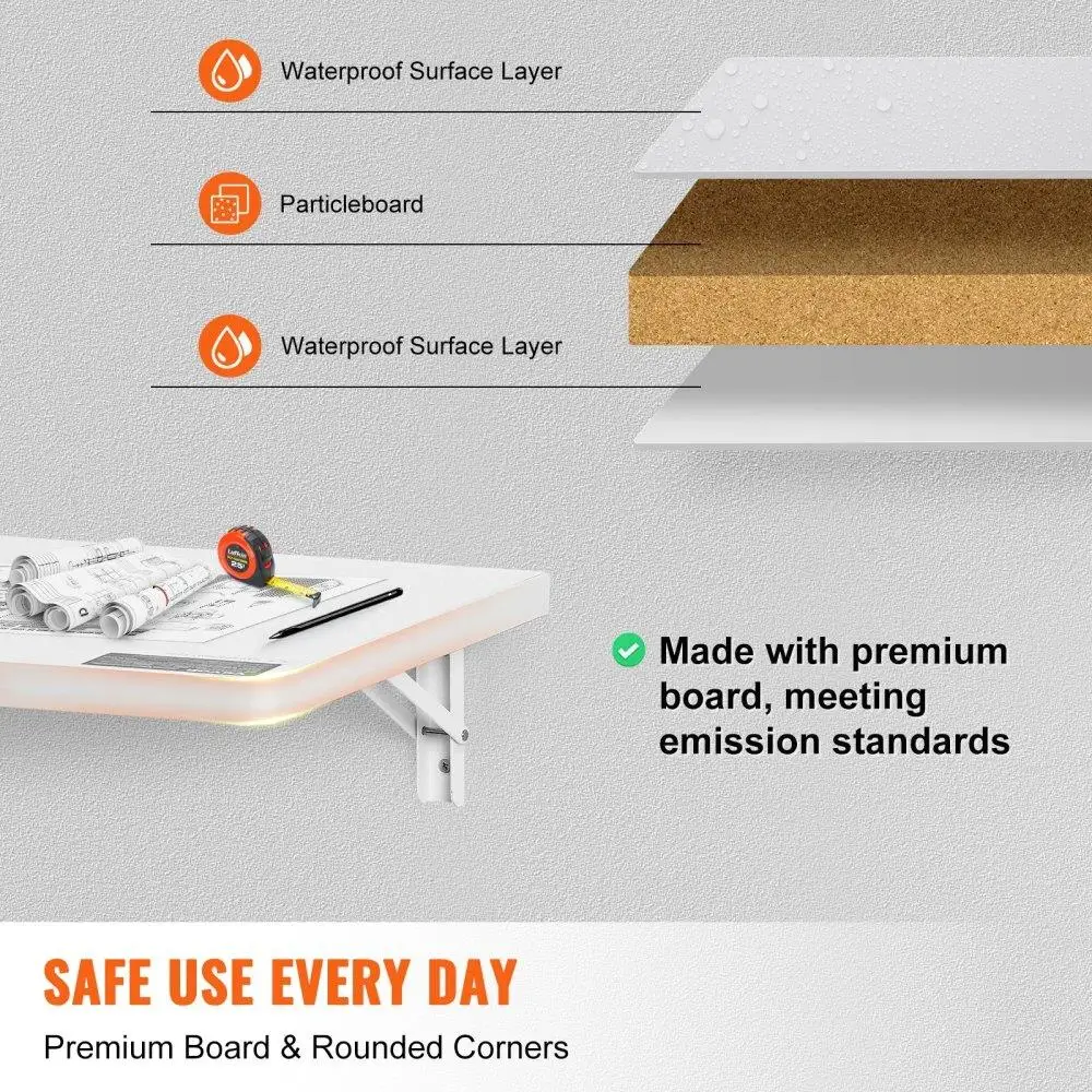 طاولة قابلة للطي مثبتة على الحائط مقاس 23.62 × 15.75 مكتب عائم مع تصميم أوراق قطرة للمنزل والمكتب وتناول الطعام والمطبخ باللون الأبيض