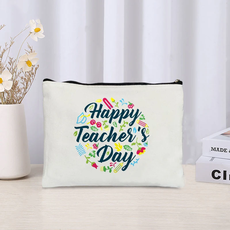 World Teacher's Day Pattern Makeup Bag for Women Best Gift for Teacher Graduation Gift Pencil Case School Travel Lipstick Bags