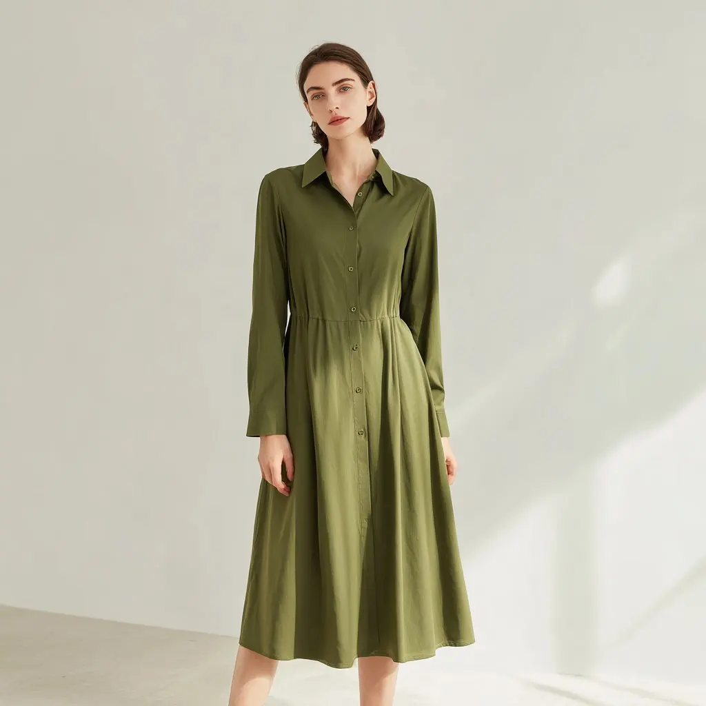 Autumn Winter Dress Casual Shirt Collar Mid-Length A-Line Skirt Style Women's Clothing Comfortable Fit Long Sleeve Dress